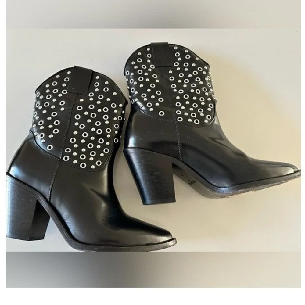 The Kooples Black Leather Studded Eyelet Western Ankle Boots Size‎ 37